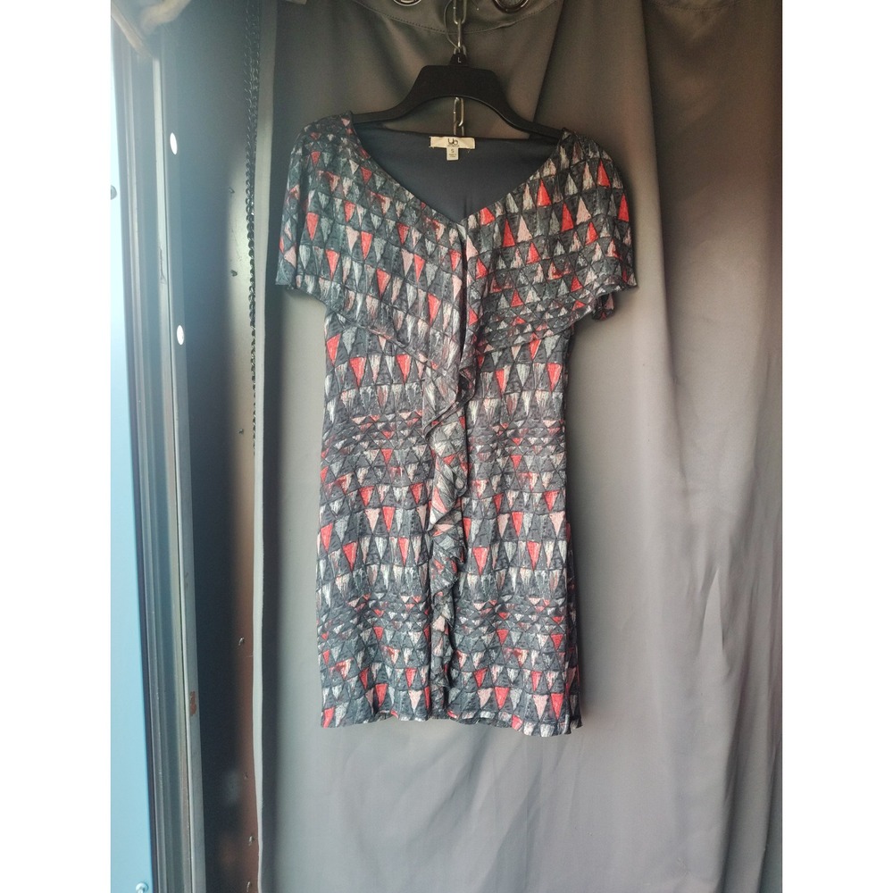 YA Los Angeles Women Grey Red Geometric Triangle Ruffle V-Neck Mini Dress Size S